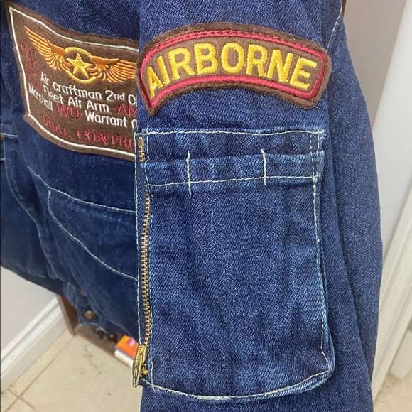 Vintage 1980’s Dual Control Denim Navy Sherpa Collar Bomber Jacket - Picture 7 of 12